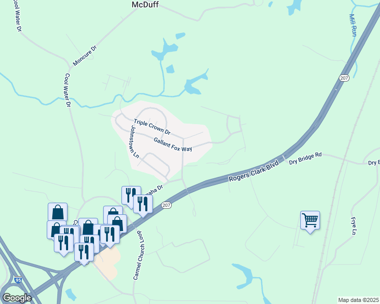 map of restaurants, bars, coffee shops, grocery stores, and more near 10600 Gallant Fox Way in Ruther Glen