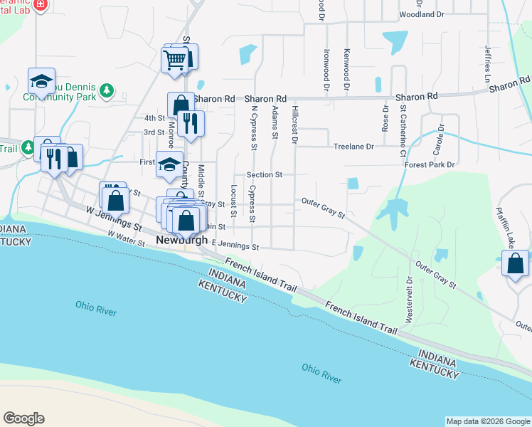 map of restaurants, bars, coffee shops, grocery stores, and more near 207 Cypress Street in Newburgh