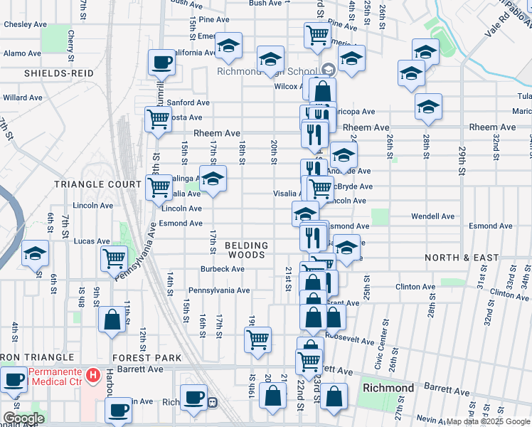map of restaurants, bars, coffee shops, grocery stores, and more near 1920 Lincoln Avenue in Richmond