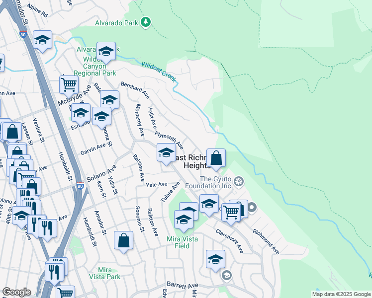 map of restaurants, bars, coffee shops, grocery stores, and more near 6175 Plymouth Avenue in Richmond