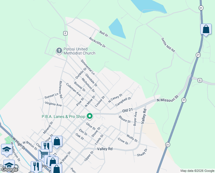 map of restaurants, bars, coffee shops, grocery stores, and more near 10501 Simmental Lane in Potosi