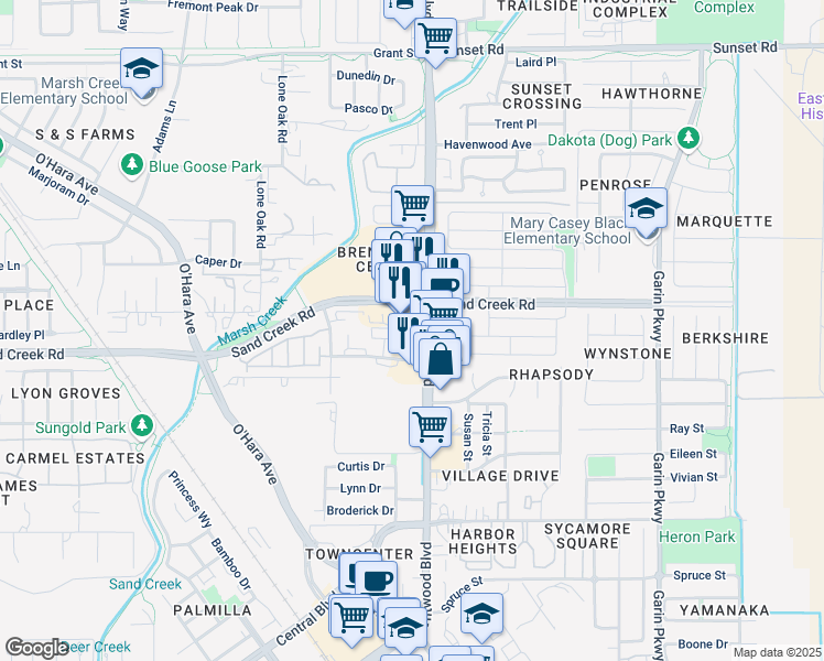 map of restaurants, bars, coffee shops, grocery stores, and more near 7605 Brentwood Boulevard in Brentwood