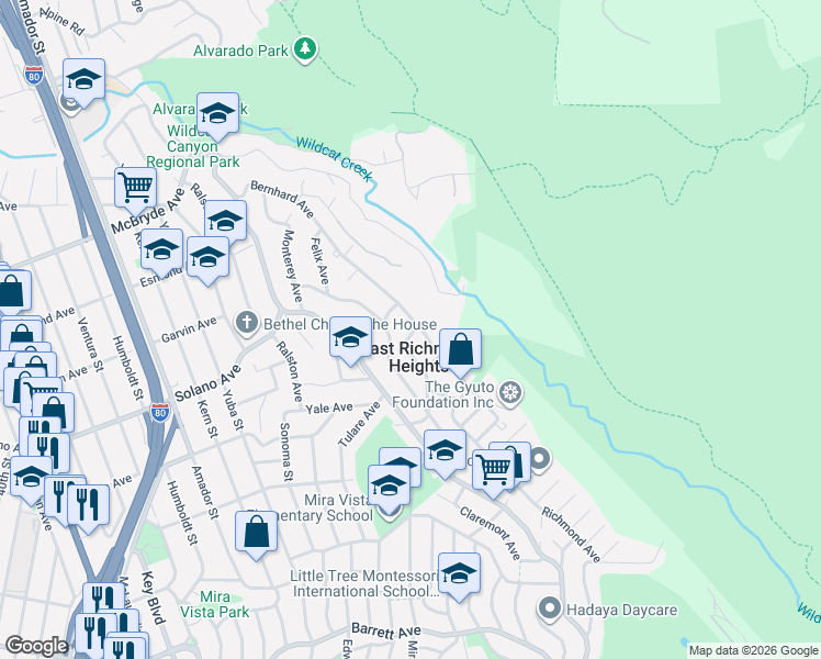 map of restaurants, bars, coffee shops, grocery stores, and more near 6175 Plymouth Avenue in Richmond