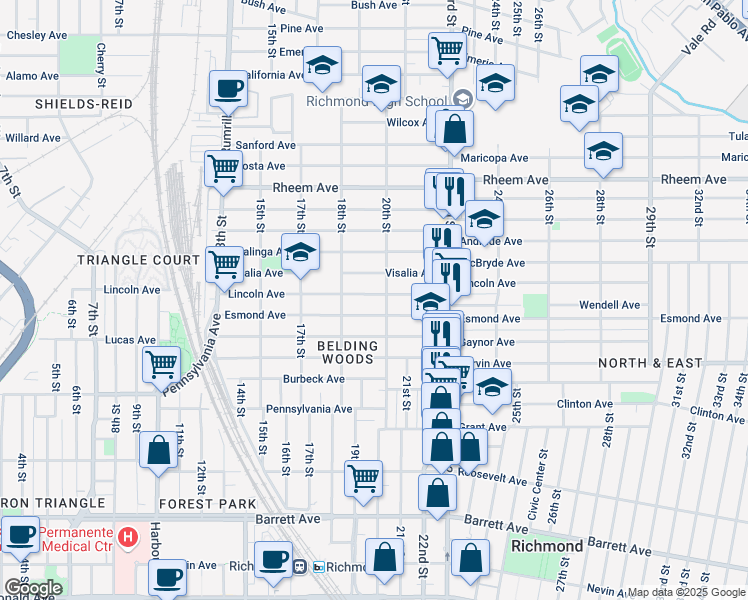 map of restaurants, bars, coffee shops, grocery stores, and more near 1920 Lincoln Avenue in Richmond
