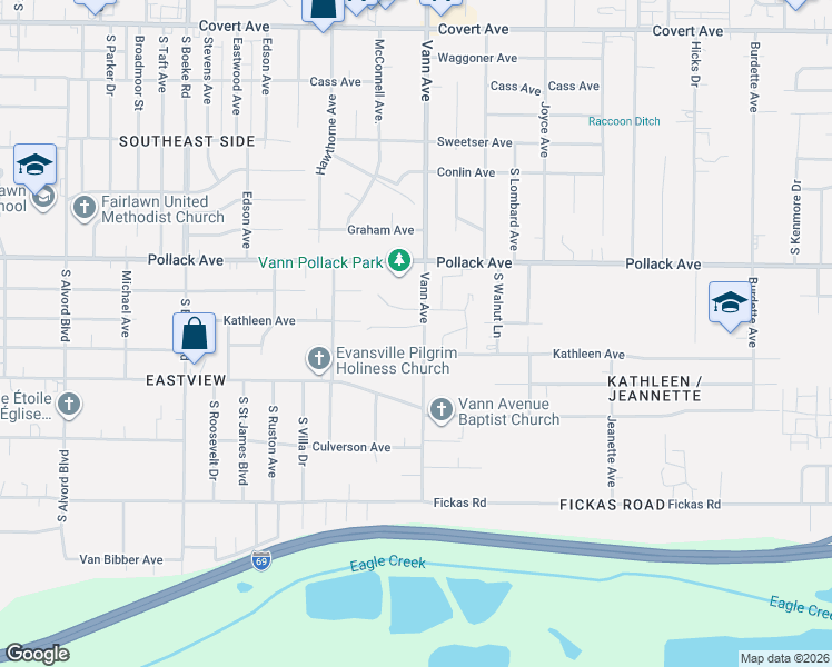 map of restaurants, bars, coffee shops, grocery stores, and more near 2313 Vann Avenue in Evansville