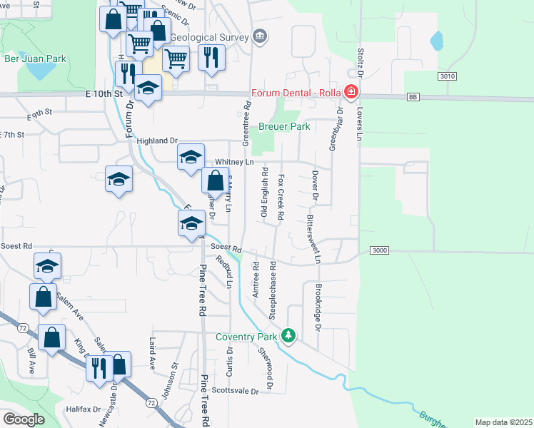 map of restaurants, bars, coffee shops, grocery stores, and more near 202 Old English Road in Rolla