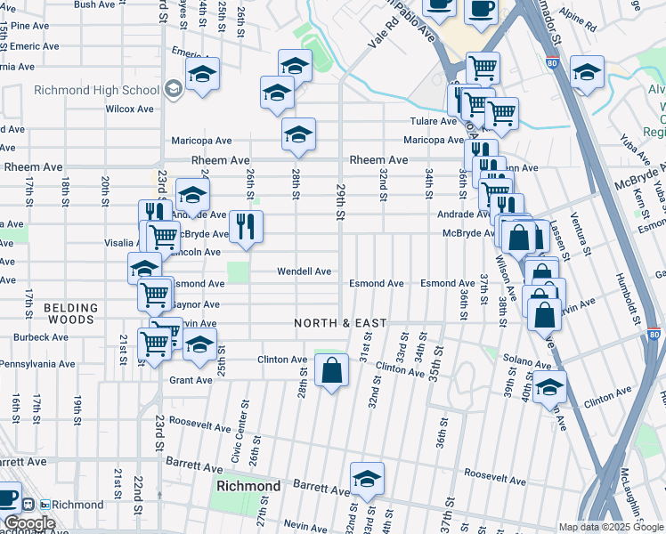 map of restaurants, bars, coffee shops, grocery stores, and more near 2877 Wendell Avenue in Richmond
