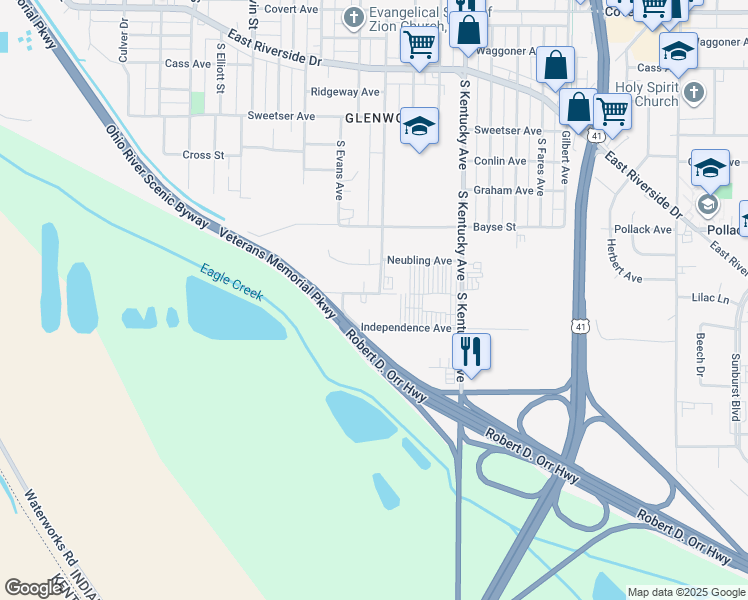 map of restaurants, bars, coffee shops, grocery stores, and more near 827 Prosperity Avenue in Evansville