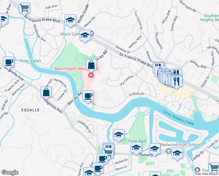map of restaurants, bars, coffee shops, grocery stores, and more near 565 Vía Casitas in Kentfield