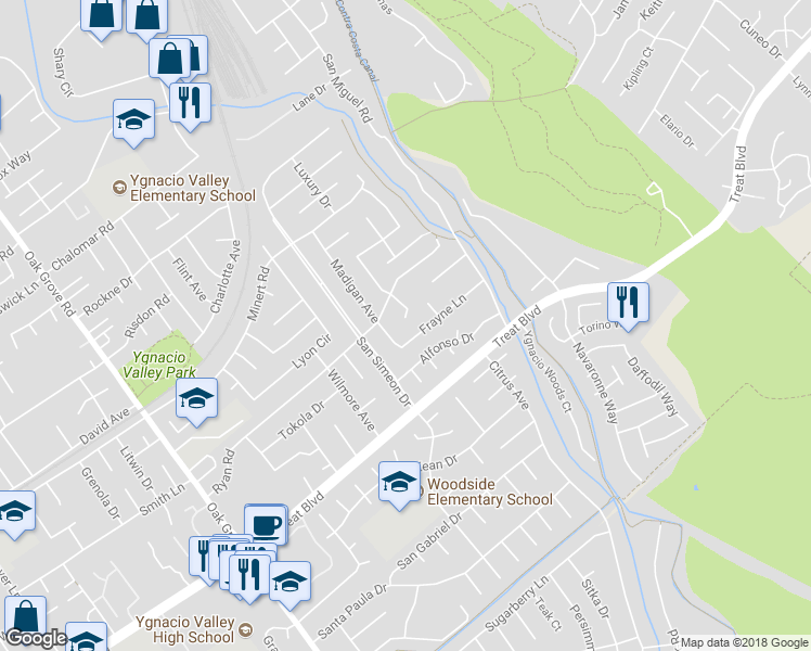 map of restaurants, bars, coffee shops, grocery stores, and more near 840 Madigan Avenue in Concord