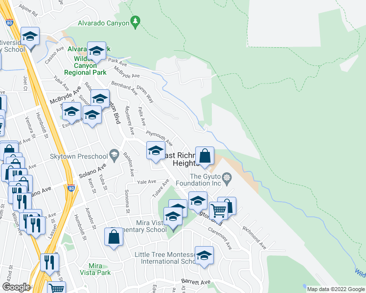 map of restaurants, bars, coffee shops, grocery stores, and more near 6175 Plymouth Avenue in Richmond