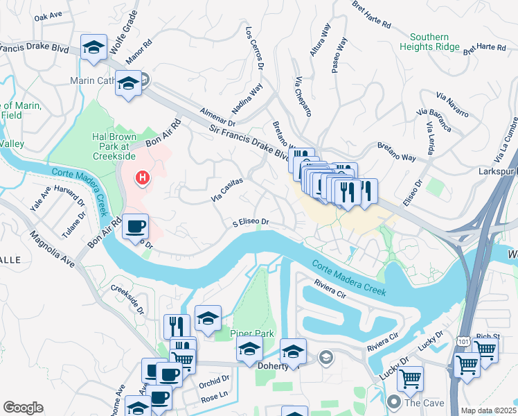 map of restaurants, bars, coffee shops, grocery stores, and more near 588 Vía Belardo in Larkspur
