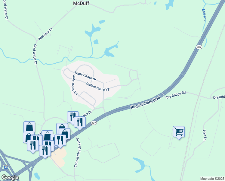 map of restaurants, bars, coffee shops, grocery stores, and more near 10624 Gallant Fox Way in Ruther Glen