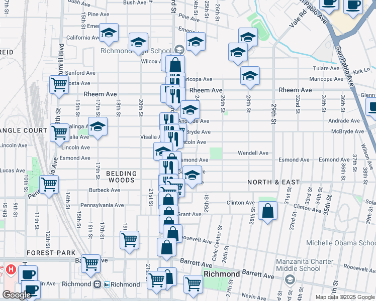 map of restaurants, bars, coffee shops, grocery stores, and more near 2359 Wendell Avenue in Richmond