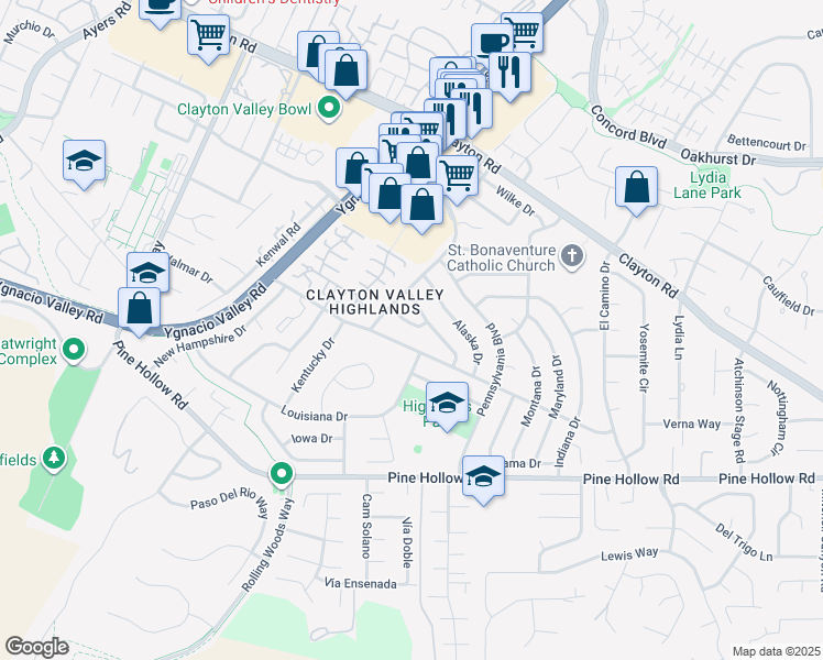 map of restaurants, bars, coffee shops, grocery stores, and more near 5508 Connecticut Drive in Concord
