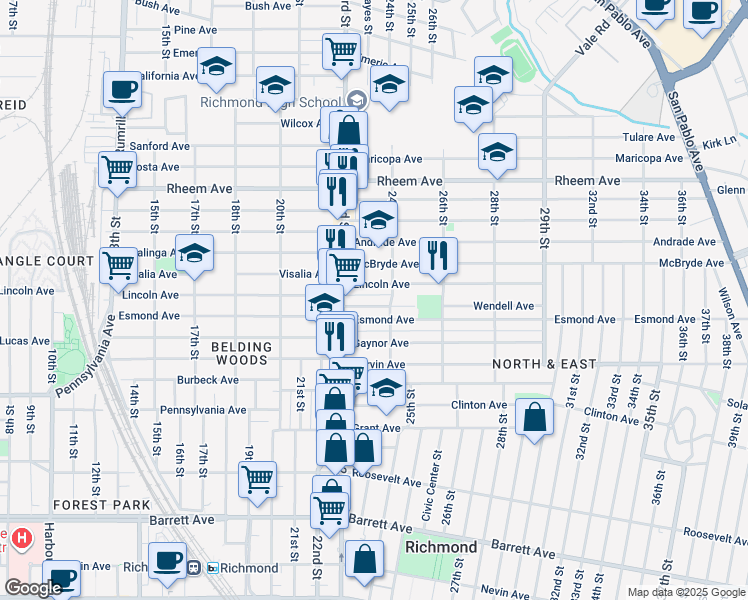map of restaurants, bars, coffee shops, grocery stores, and more near 2359 Wendell Avenue in Richmond