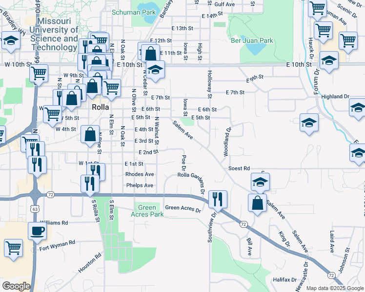 map of restaurants, bars, coffee shops, grocery stores, and more near 517 East 2nd Street in Rolla