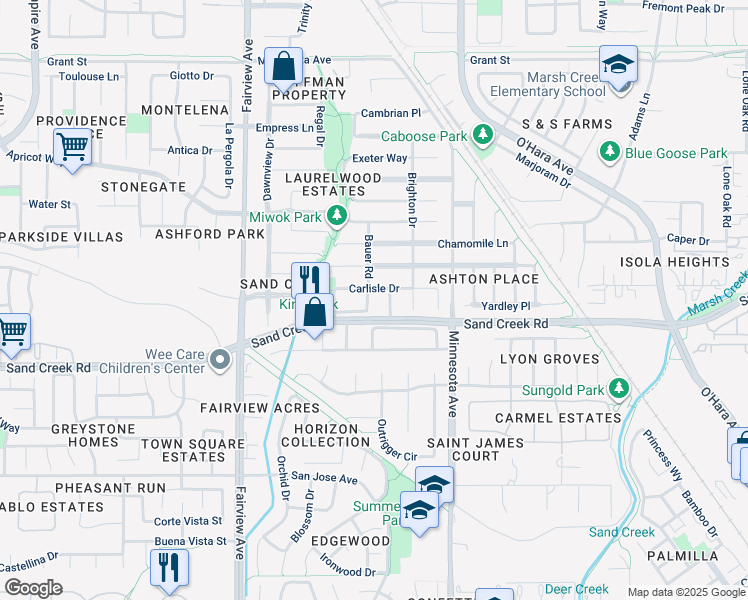 map of restaurants, bars, coffee shops, grocery stores, and more near 1393 Bauer Way in Brentwood