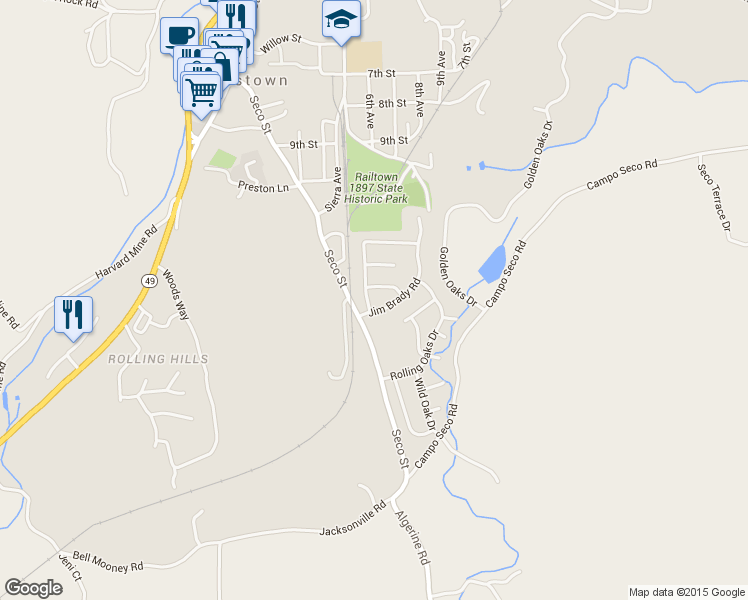 map of restaurants, bars, coffee shops, grocery stores, and more near 17797 Black Bart Drive in Jamestown