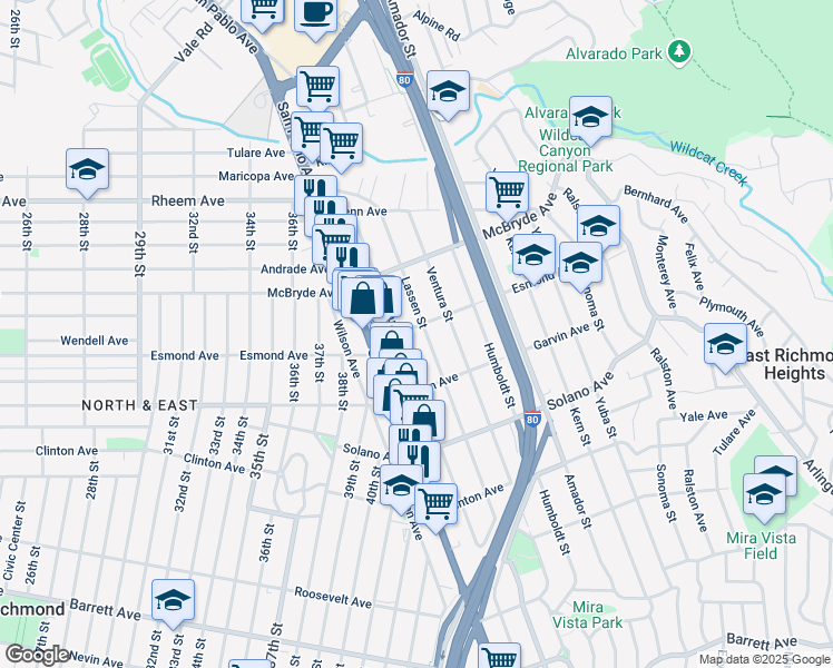 map of restaurants, bars, coffee shops, grocery stores, and more near 5028 Esmond Avenue in Richmond
