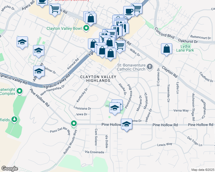 map of restaurants, bars, coffee shops, grocery stores, and more near 5508 Connecticut Drive in Concord