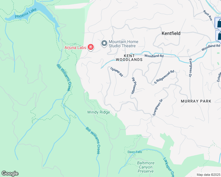 map of restaurants, bars, coffee shops, grocery stores, and more near 165 Upland Road in Kentfield