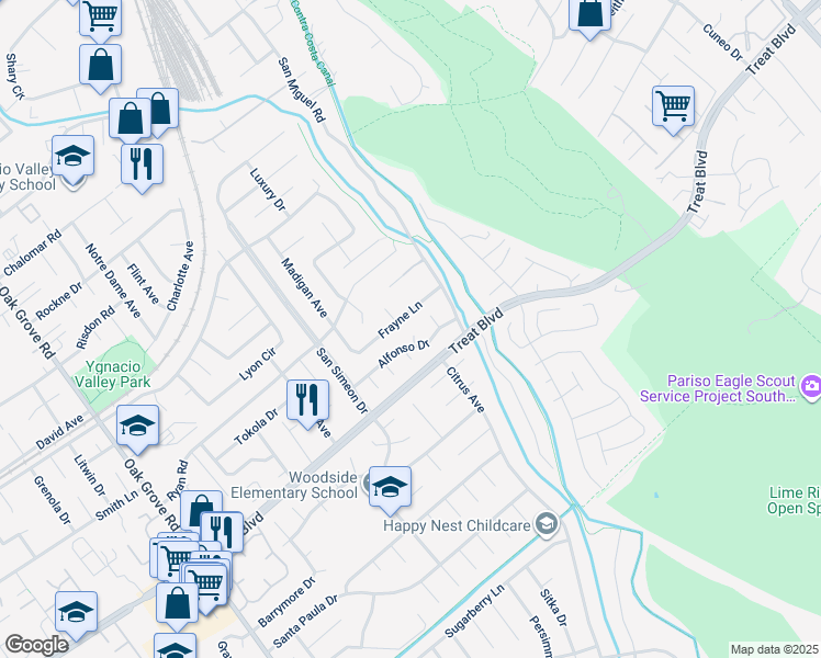 map of restaurants, bars, coffee shops, grocery stores, and more near 825 Dayton Court in Concord