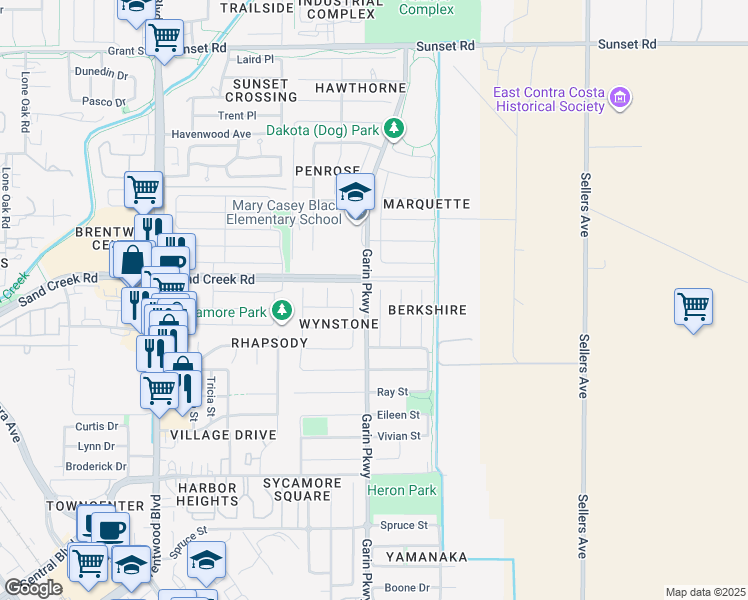 map of restaurants, bars, coffee shops, grocery stores, and more near 1367 Bellerose Court in Brentwood