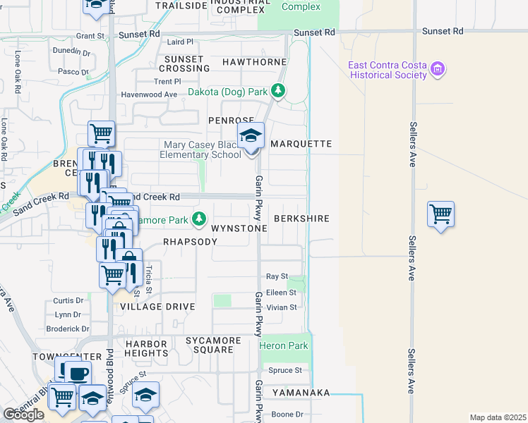 map of restaurants, bars, coffee shops, grocery stores, and more near 1367 Bellerose Court in Brentwood