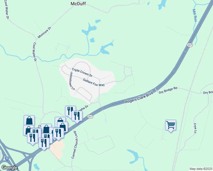 map of restaurants, bars, coffee shops, grocery stores, and more near 10616 Gallant Fox Way in Ruther Glen