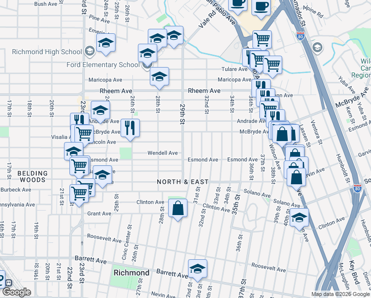 map of restaurants, bars, coffee shops, grocery stores, and more near 920 29th Street in Richmond