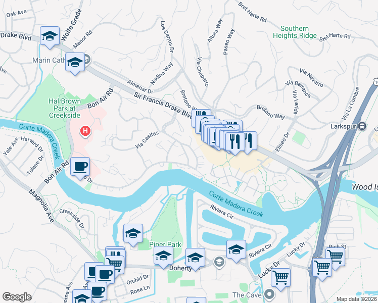 map of restaurants, bars, coffee shops, grocery stores, and more near 153 Upper Via Casitas in Larkspur