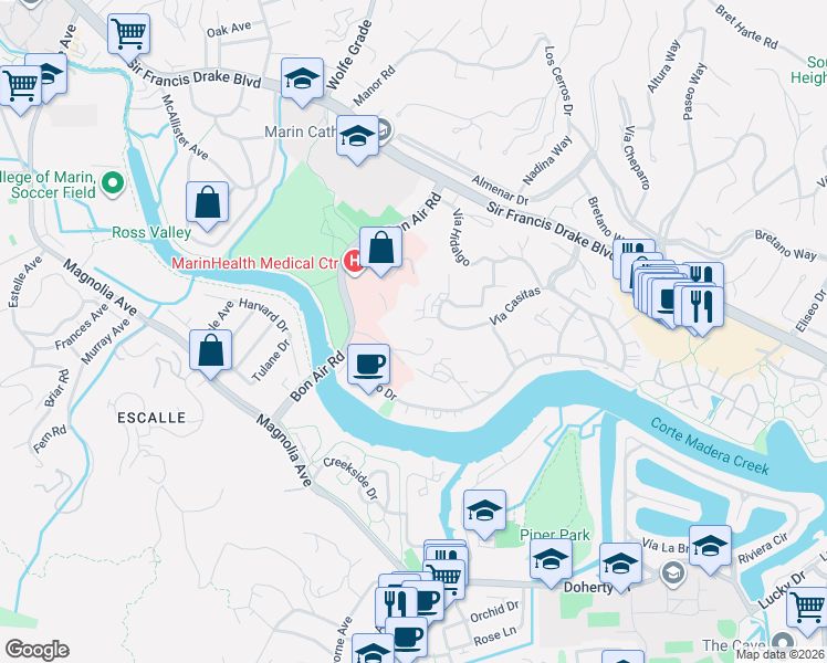 map of restaurants, bars, coffee shops, grocery stores, and more near 55 Tamalpais Road in Kentfield