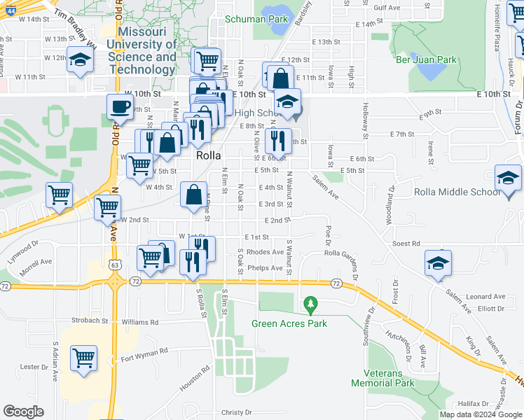 map of restaurants, bars, coffee shops, grocery stores, and more near 200 North Olive Street in Rolla