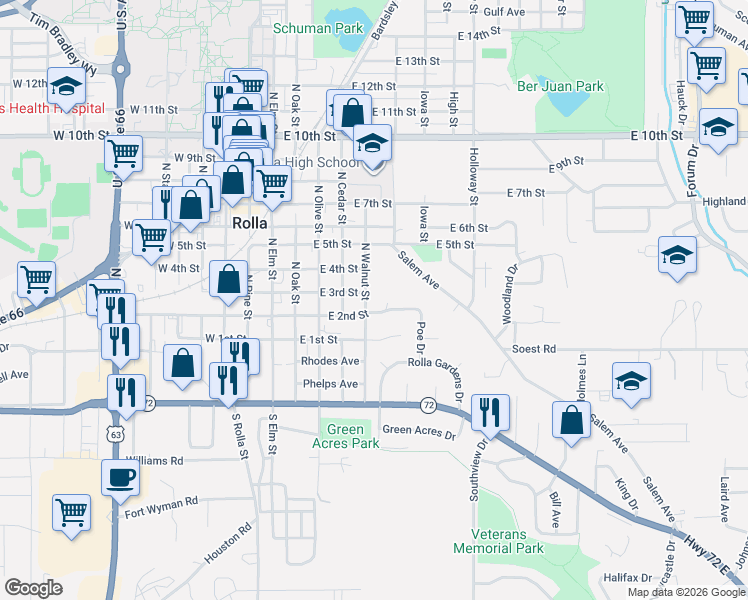 map of restaurants, bars, coffee shops, grocery stores, and more near 506 East 2nd Street in Rolla