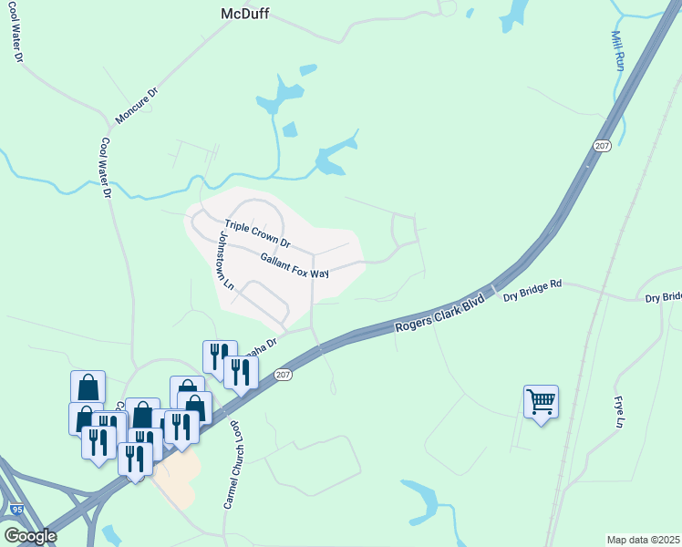 map of restaurants, bars, coffee shops, grocery stores, and more near 10624 Gallant Fox Way in Ruther Glen