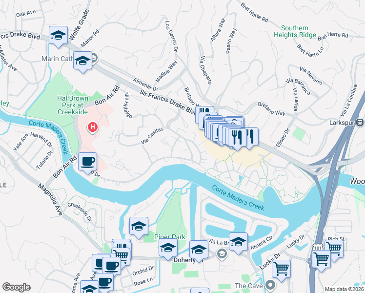 map of restaurants, bars, coffee shops, grocery stores, and more near 153 Upper Via Casitas in Larkspur