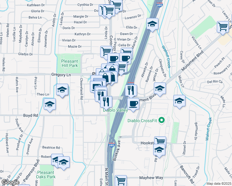 map of restaurants, bars, coffee shops, grocery stores, and more near 2250 Contra Costa Boulevard in Pleasant Hill