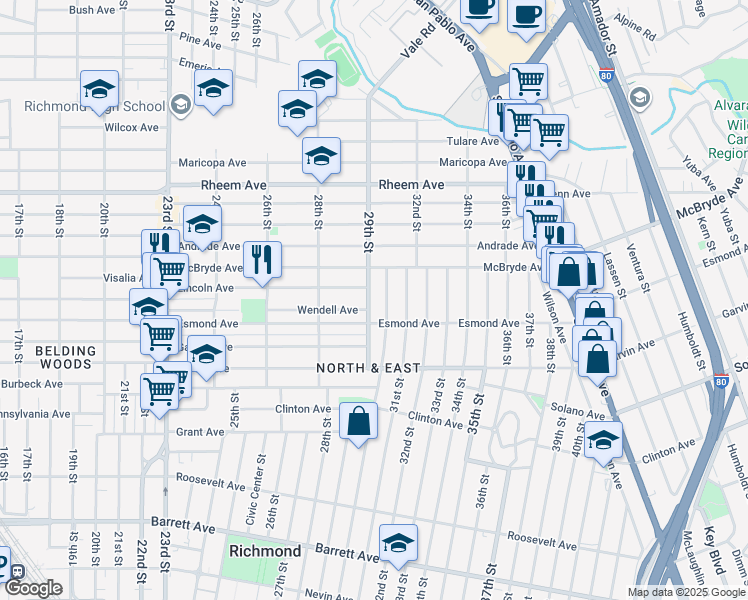 map of restaurants, bars, coffee shops, grocery stores, and more near 940 29th Street in Richmond
