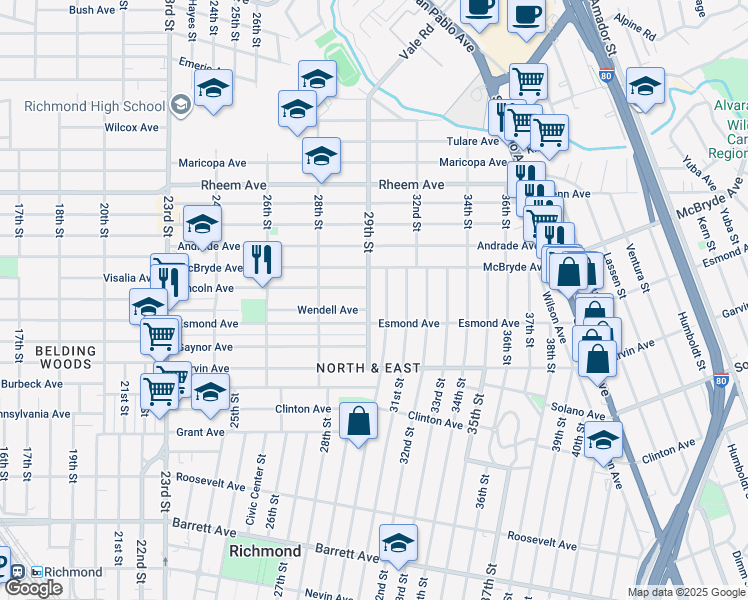 map of restaurants, bars, coffee shops, grocery stores, and more near 940 29th Street in Richmond