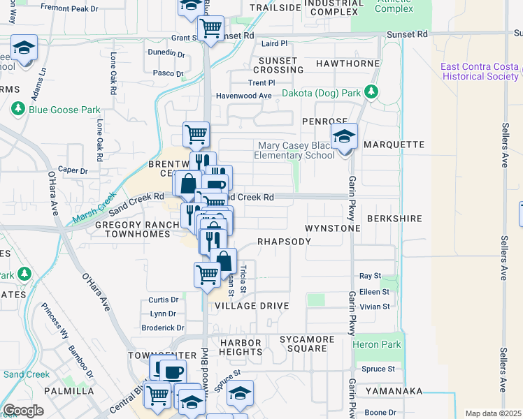 map of restaurants, bars, coffee shops, grocery stores, and more near 199 Scott Creek Way in Brentwood