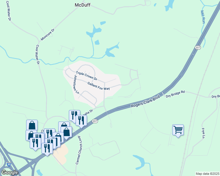 map of restaurants, bars, coffee shops, grocery stores, and more near 10611 Gallant Fox Way in Ruther Glen