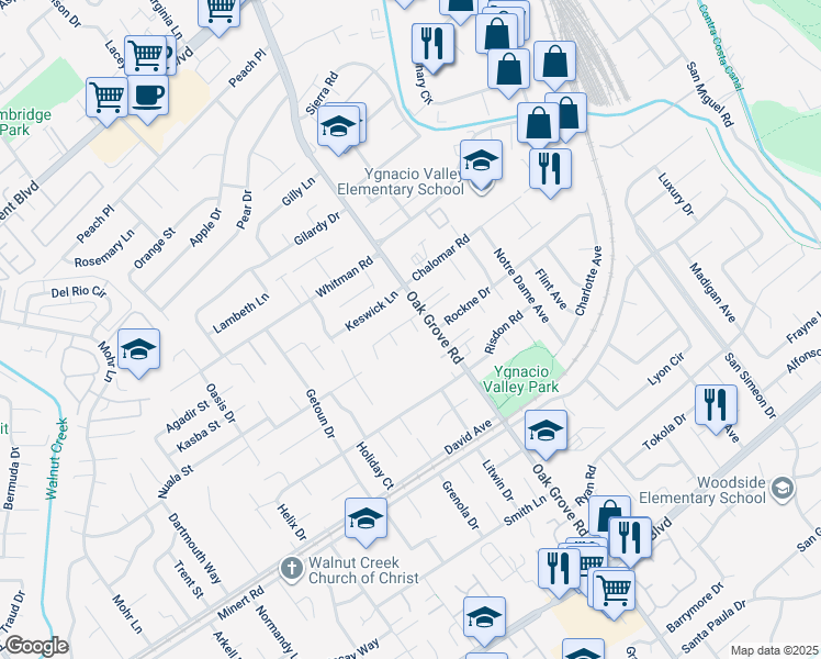 map of restaurants, bars, coffee shops, grocery stores, and more near 955 Pullman Court in Concord