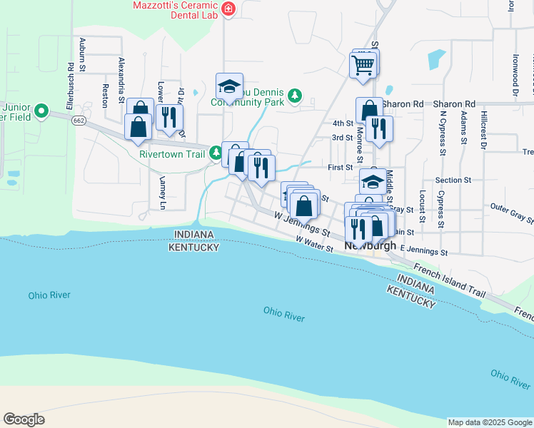 map of restaurants, bars, coffee shops, grocery stores, and more near 417 West Jennings Street in Newburgh
