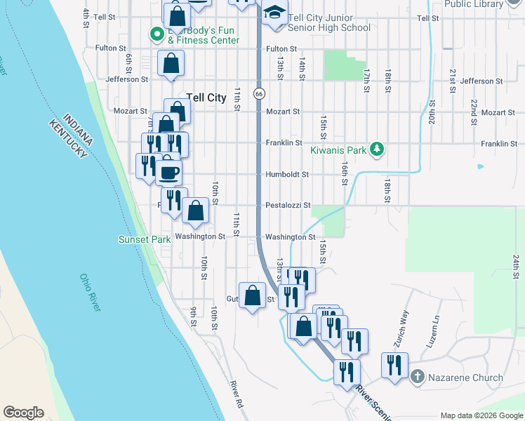 map of restaurants, bars, coffee shops, grocery stores, and more near 300-398 12th St in Tell City