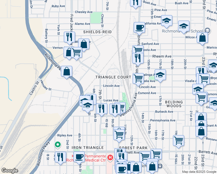 map of restaurants, bars, coffee shops, grocery stores, and more near 808 Lincoln Avenue in Richmond