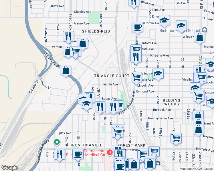 map of restaurants, bars, coffee shops, grocery stores, and more near 808 Lincoln Avenue in Richmond
