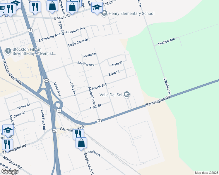 map of restaurants, bars, coffee shops, grocery stores, and more near 1937 South Sinclair Avenue in Stockton