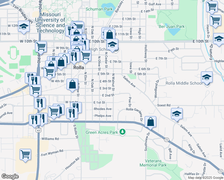 map of restaurants, bars, coffee shops, grocery stores, and more near 403 East 2nd Street in Rolla