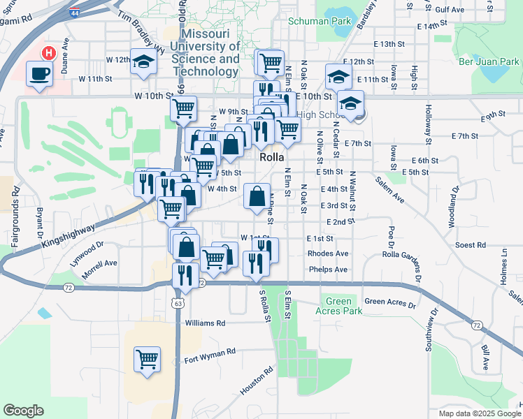 map of restaurants, bars, coffee shops, grocery stores, and more near 200 North Pine Street in Rolla